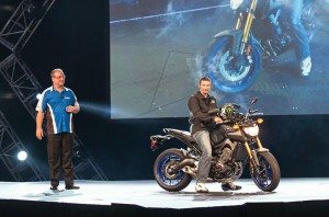 Three-time AMA SuperBike champion Josh Hayes rode Yamaha’s new three-cylinder FZ-09 on stage, while Yamaha’s Dennis McNeal discussed the bike’s features.
