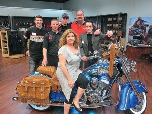 American Heritage Chicago West staffers joined customer Victoria Keller-Melton upon receipt of her new custom Indian Chief Vintage: (from left) Mike Farrell, sales; Ralph Andrade, service; Mike Velinske, parts and service manager; Jason Mroz, sales; and general manager George Gryparis. Check out more photos of the bike at facebook.com/PSBmagazine.